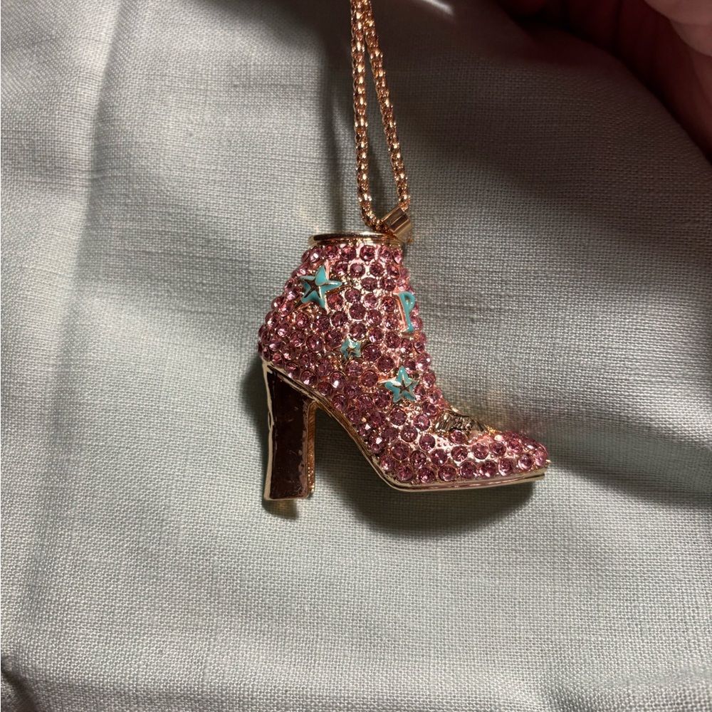 Golden Pink & Teal Rhinestone High Heel Fashion Boot Necklace, NWT, Betsey Johns